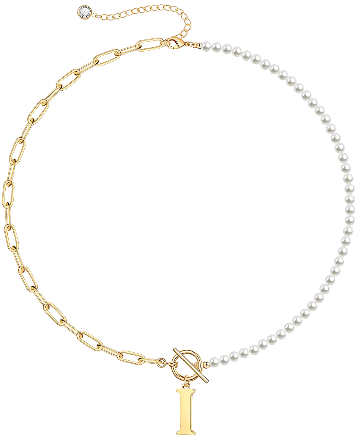 Rg  14K Gold Plated Initial Pearl Link Chain Necklace