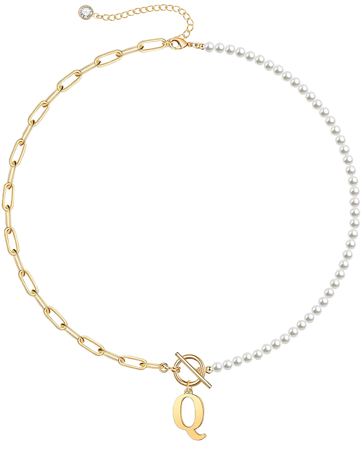 Rg  14K Gold Plated Initial Pearl Link Chain Necklace