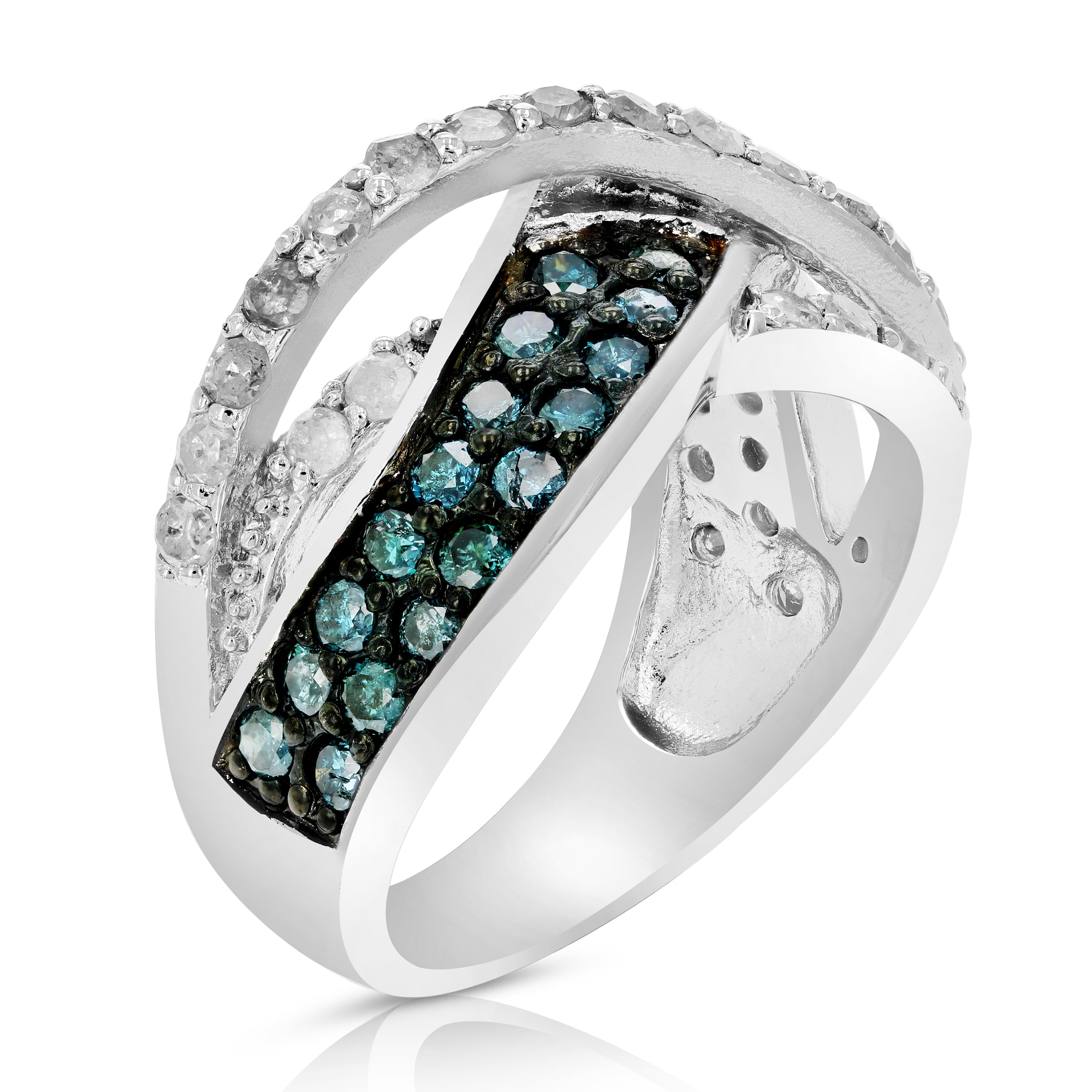 1.20 cttw Blue and White Diamond Ring .925 Sterling Silver with Rhodium
