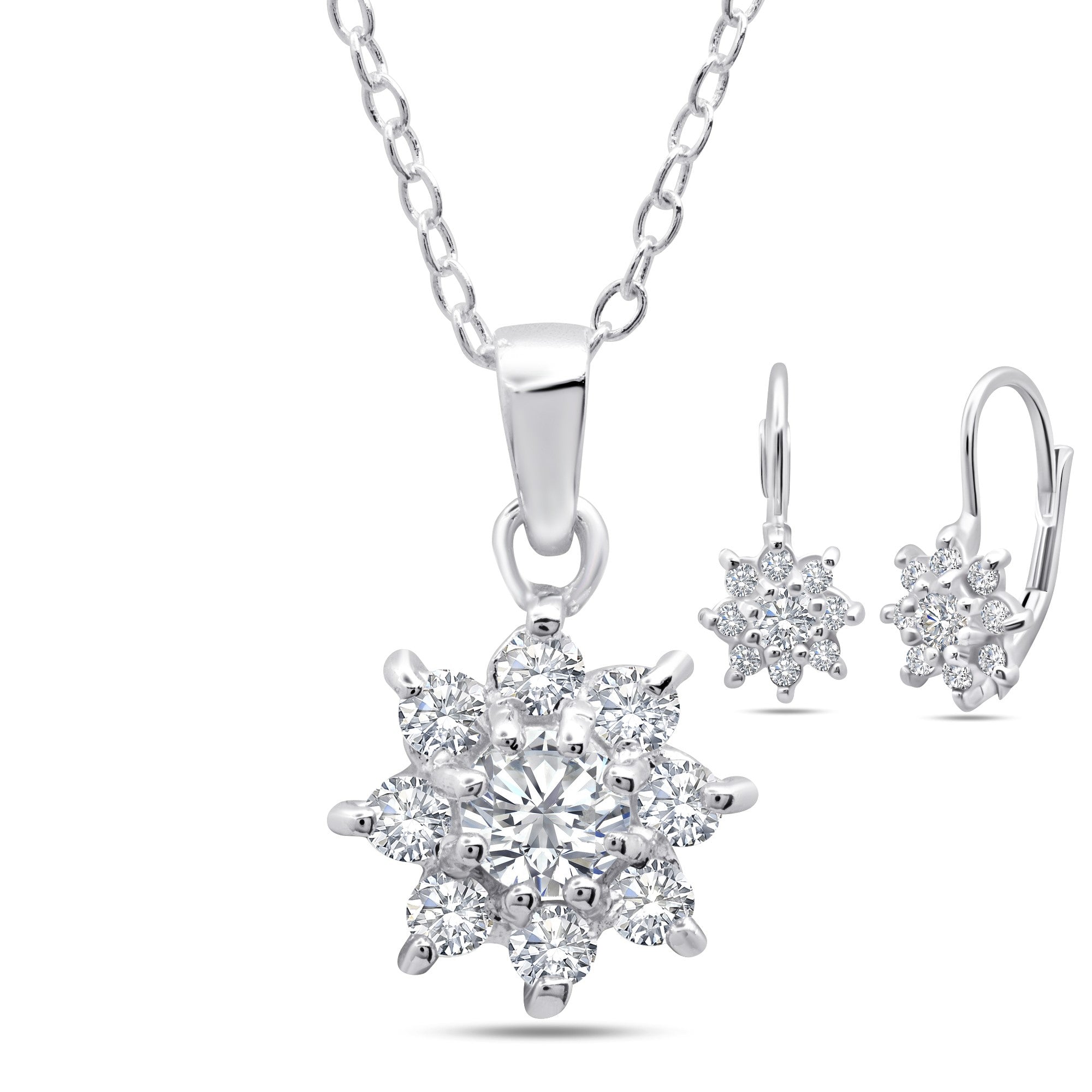 Sterling Silver Cubic Zirconia Flower Cluster with Center Round Stone Earring and Necklace Set,16 inch Cable chain with 2 inch extension