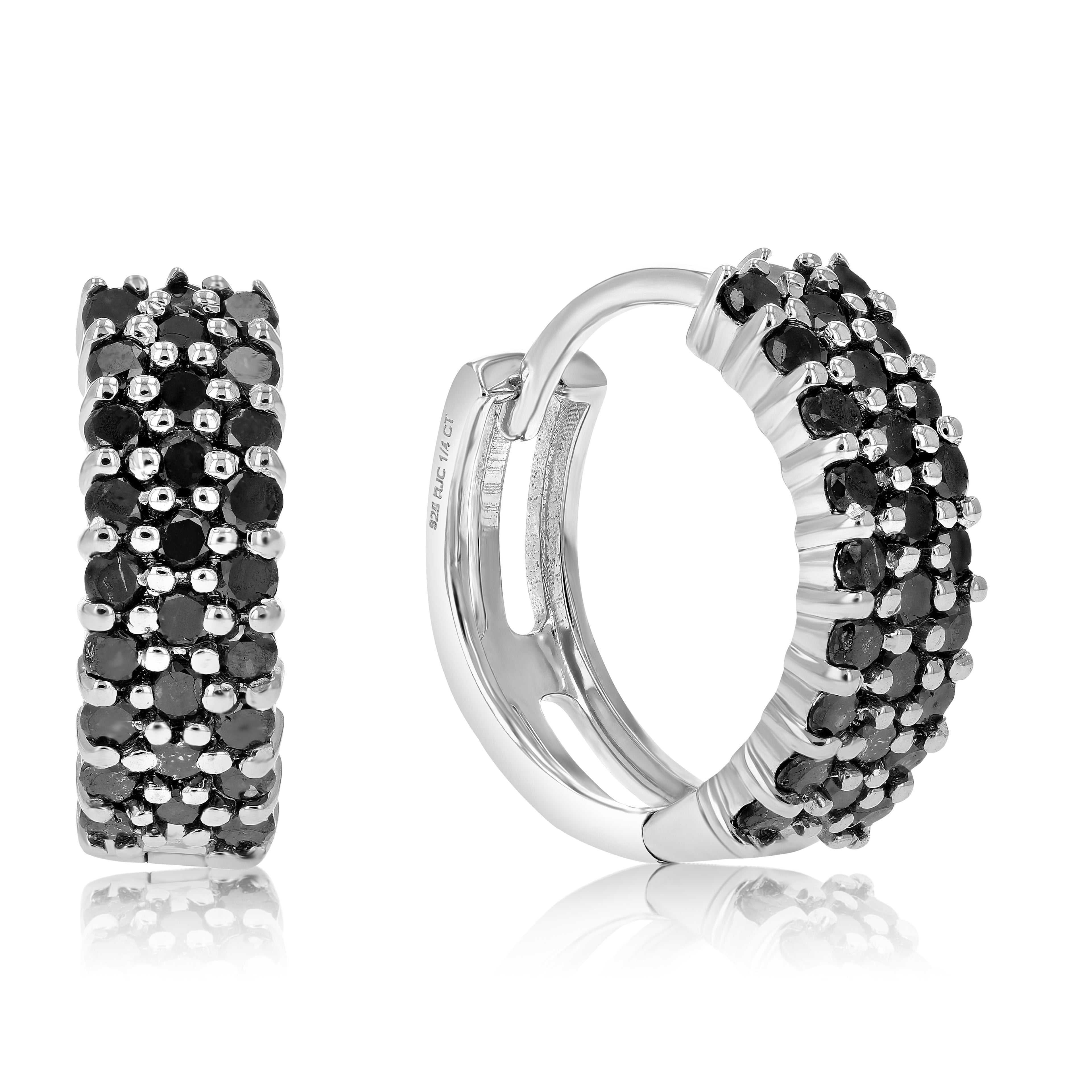 1 cttw Black Diamond Hoop Earrings .925 Sterling Silver 54 Stone Dangle 1/2 Inch