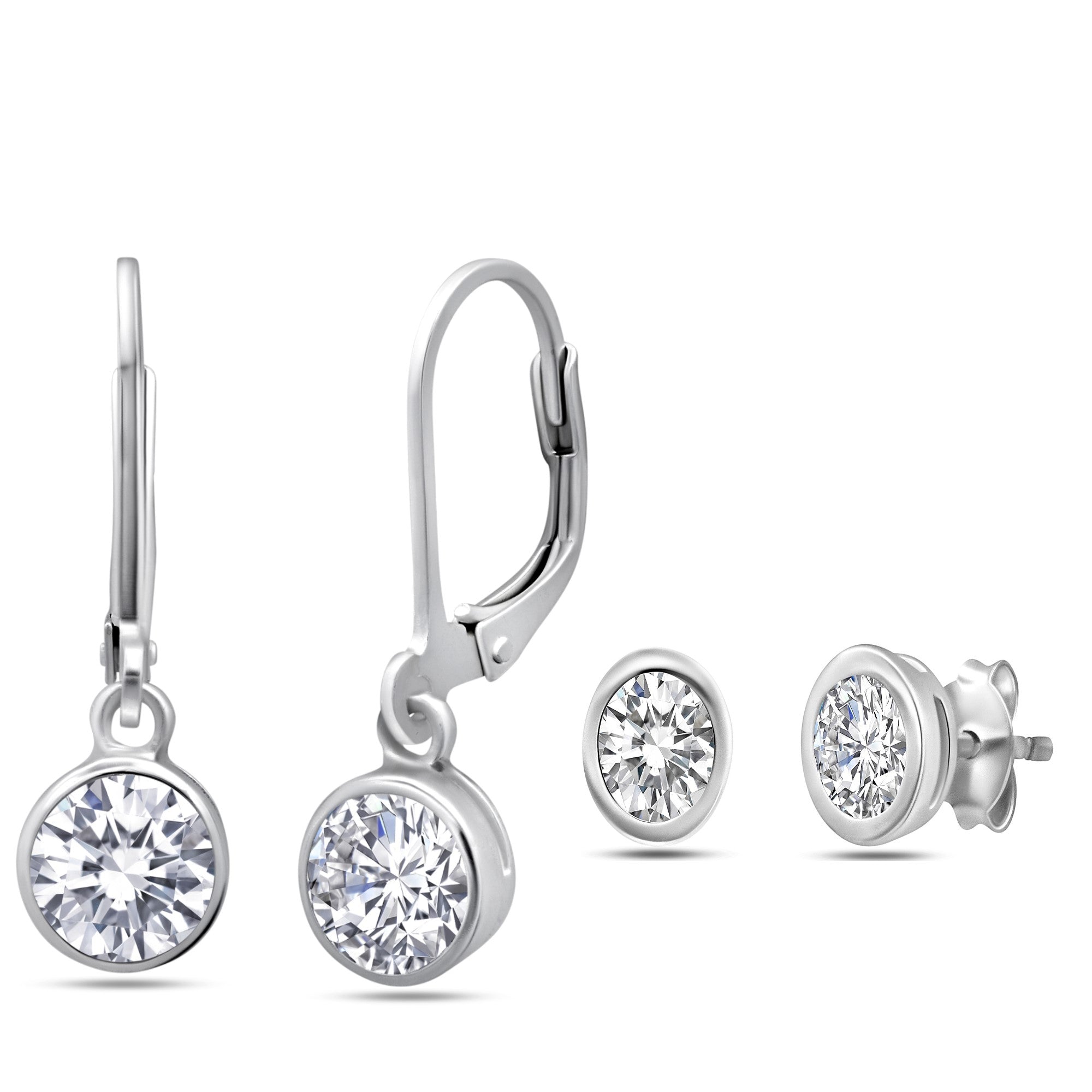 Sterling Silver Round Bezel Cubic Zirconia Stud and Lever Back Earring