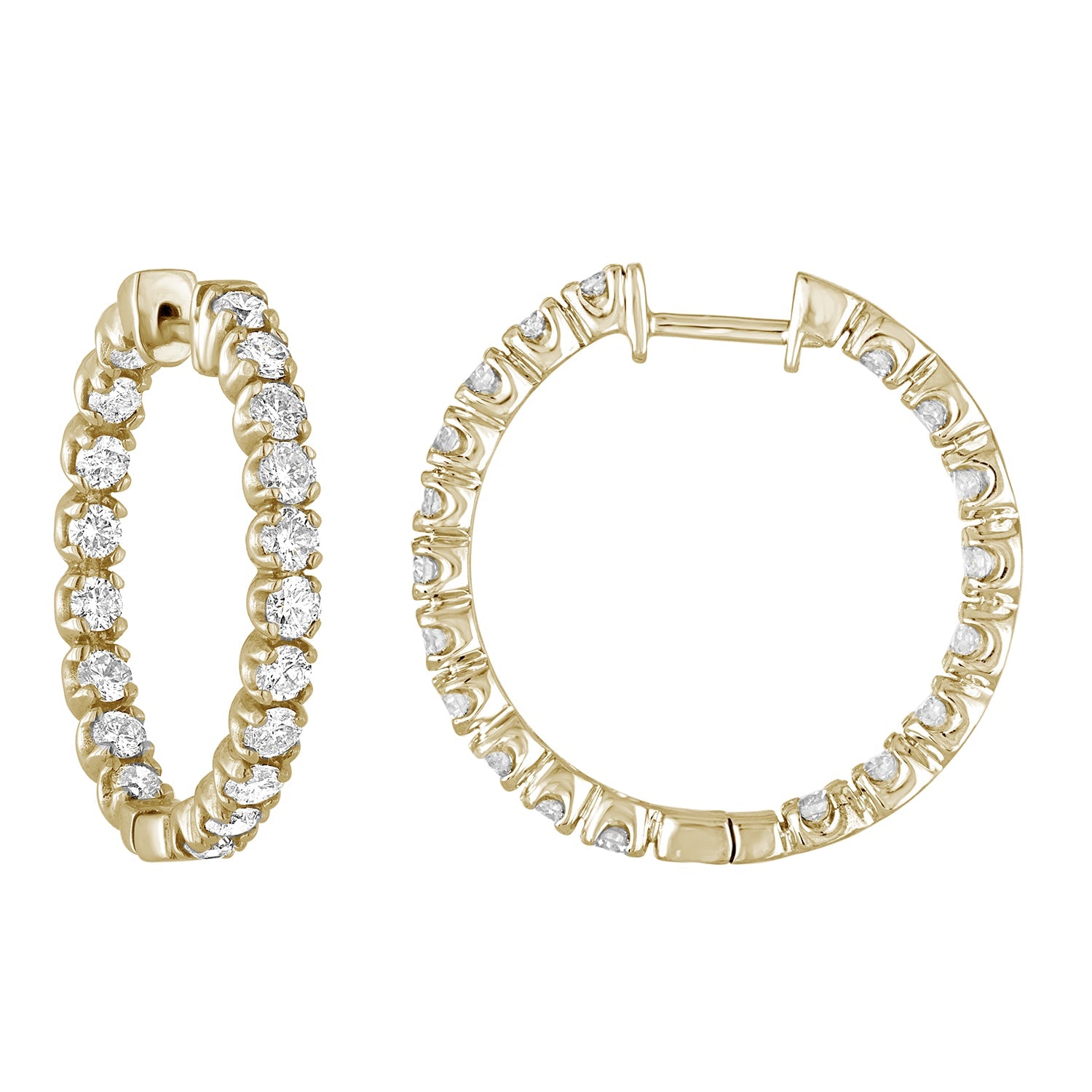 3 cttw SI2-I1 Diamond Inside Out Hoop Earrings 14K Yellow Gold Round 1 Inch