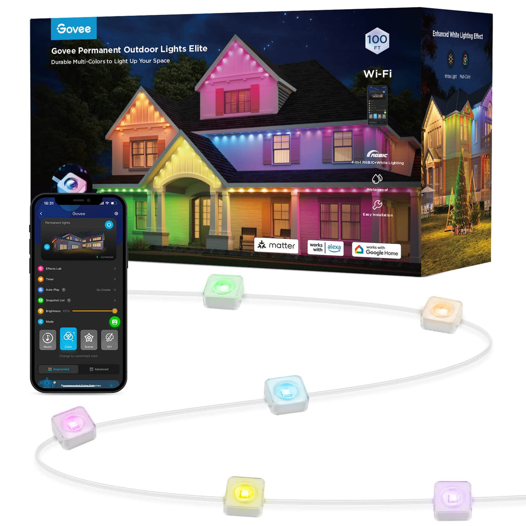 Govee - Wi-Fi RGBIC Outdoor Permanent String Lights 100ft - White