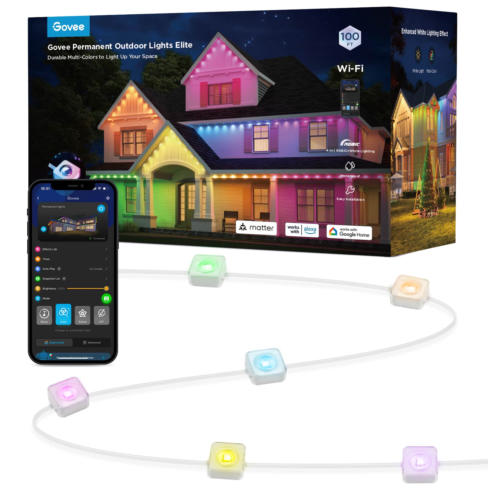 Govee - Wi-Fi RGBIC Outdoor Permanent String Lights 100ft - White