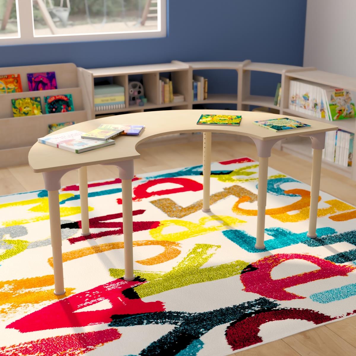 Flash Furniture  59 in. Bright Beginnings Commercial Grade Wooden Half Circle Adjustable Height Classroom Activity Table - Metal Legs Adjust From 15-23 in., Beech