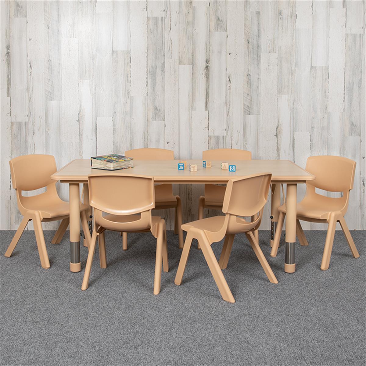 Flash Furniture  23.625 x 47.25 in. Rectangular Plastic Height Adjustable Activity Table Set with 6 Chairs, Natural Color