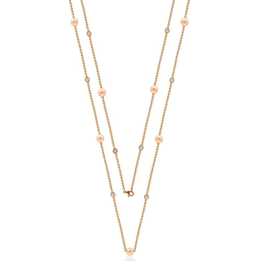 Suzy Levian Rosed Sterling Silver White Sapphire and Pearl By-the-Yard 46" Station Necklace