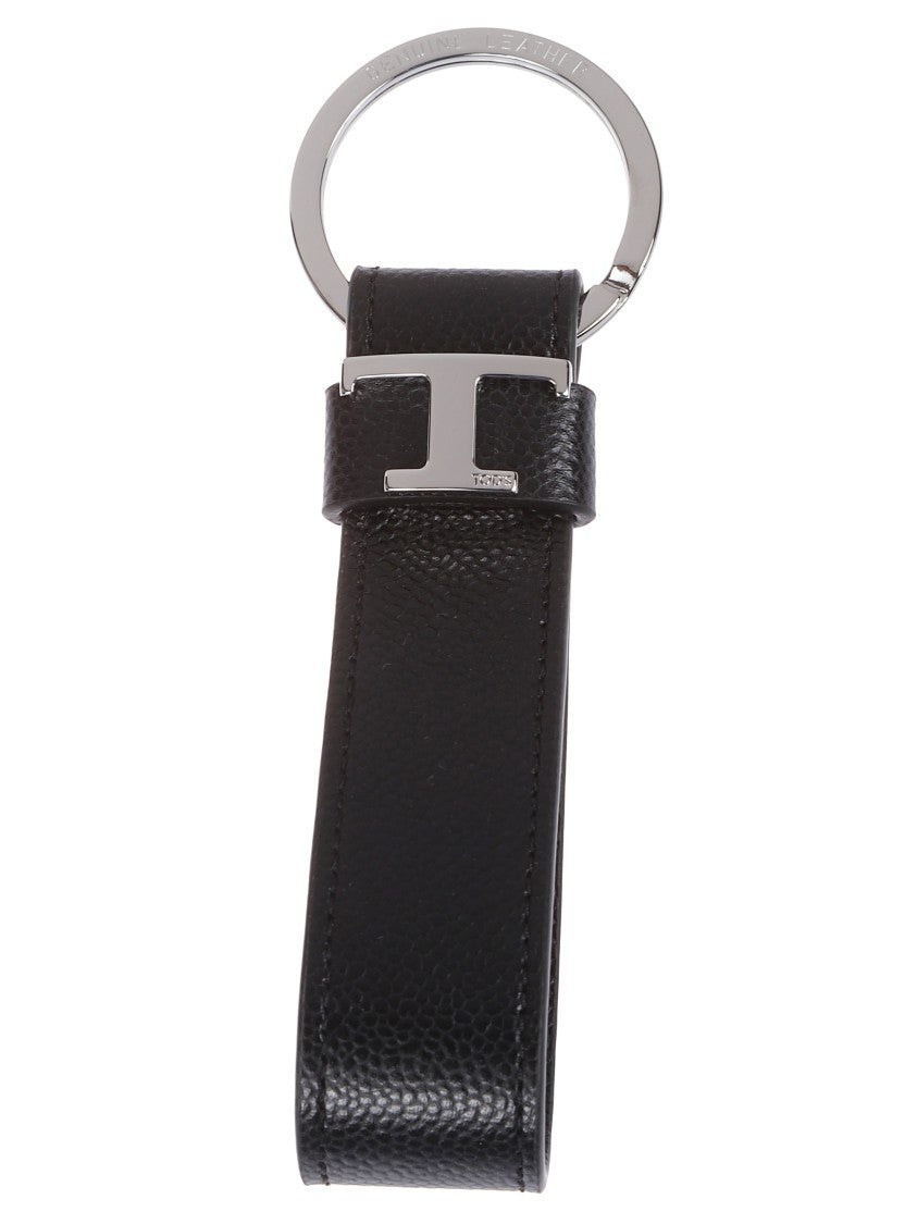 Minimalist Black Leather Keychain With Silver-Tone Logo