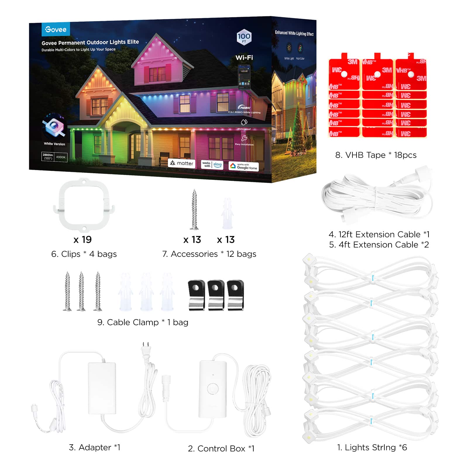 Govee - Wi-Fi RGBIC Outdoor Permanent String Lights 100ft - White