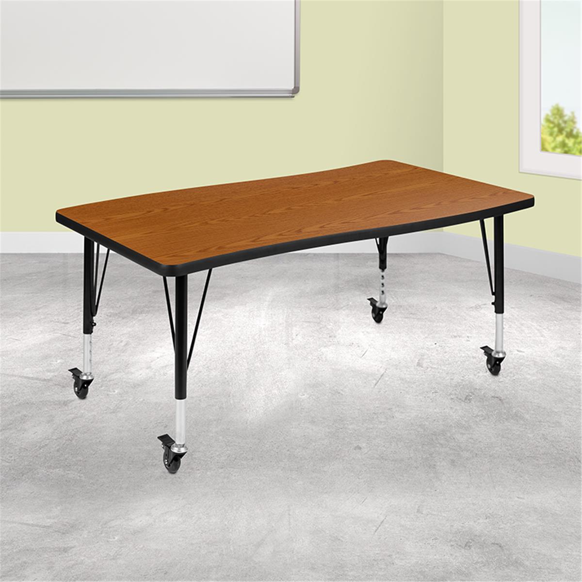 Flash Furniture  28 x 47.5 in. Mobile Rectangular Wave Flexible Collaborative Laminate Activity Table with Height Adjustable Short Legs, Oak