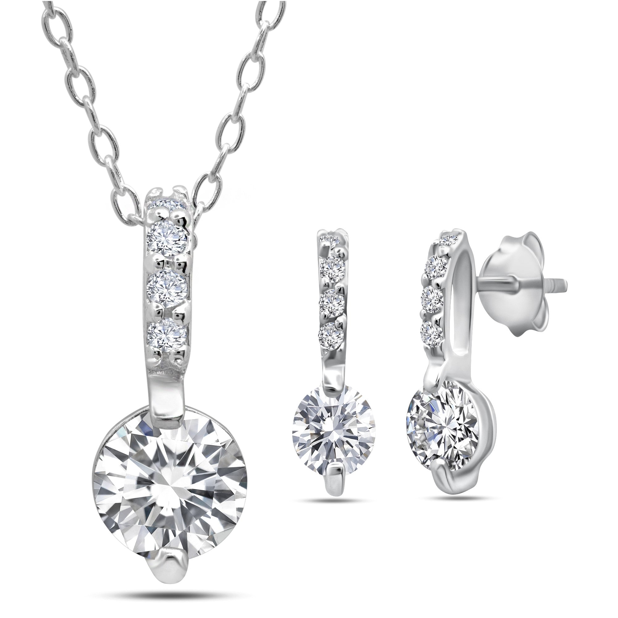 Sterling Silver Cubic Zirconia Bale and Round Earring and Necklace Set, 16 inch Cabel Cahin with 2 inch extension