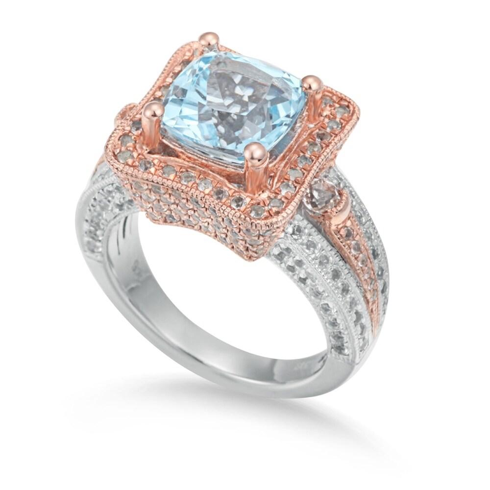 Suzy Levian Two-Tone Sterling Silver 7.02 TCW Blue Topaz Ring