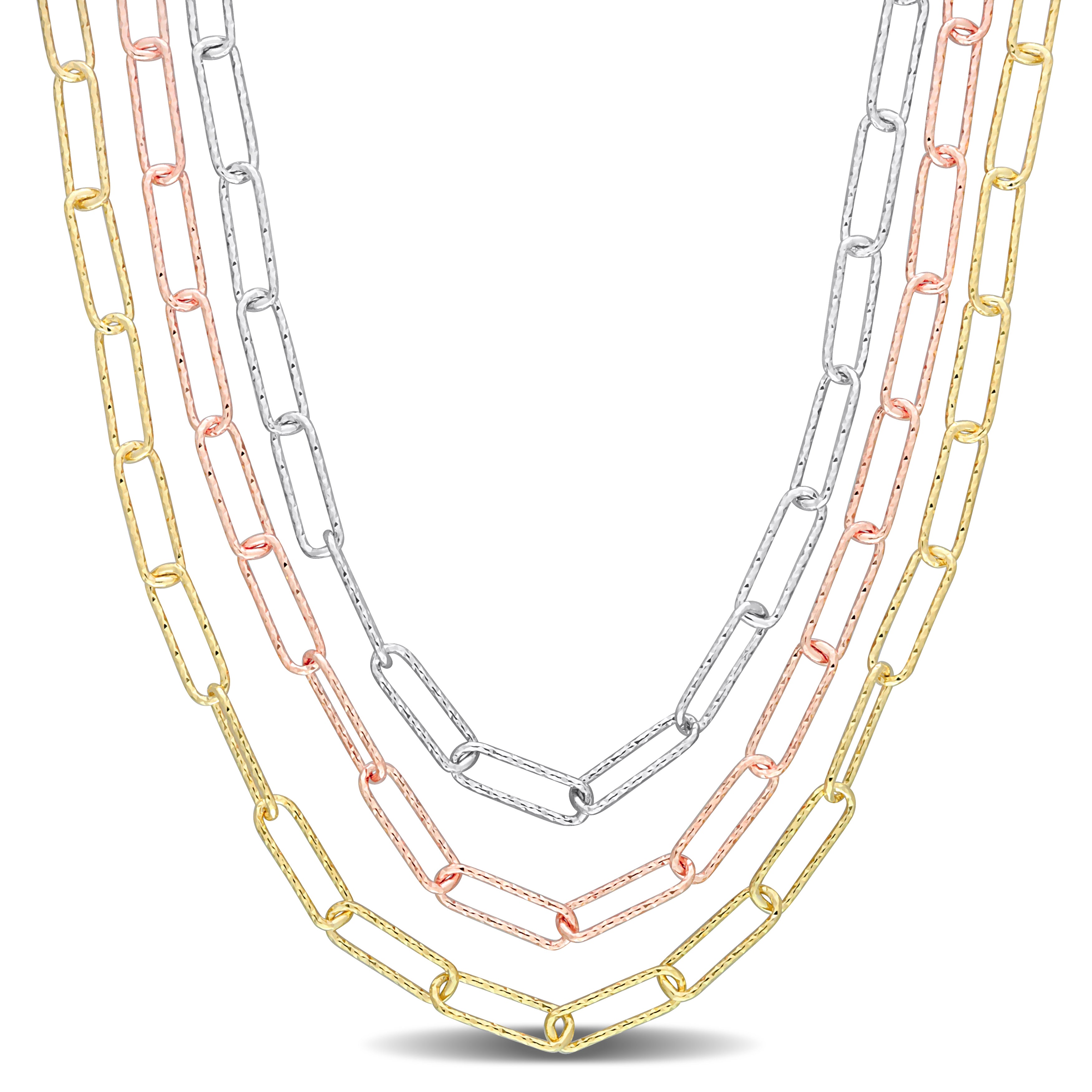 Multi-Strand Paperclip Chain Necklace in 3-Tone 18k Gold Plated Sterling Silver, 18 in