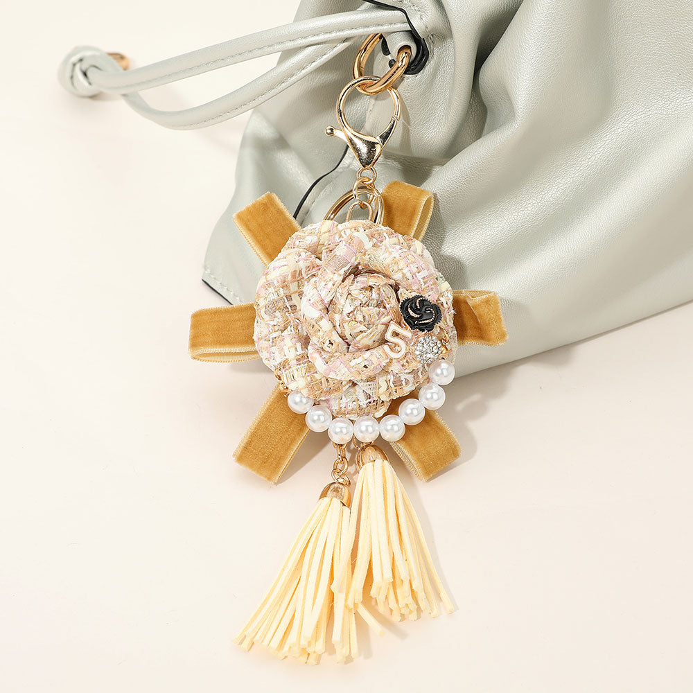 Number Five Pearl Accent Tweed Flower Bow Tassel Keychain / Bag Charm