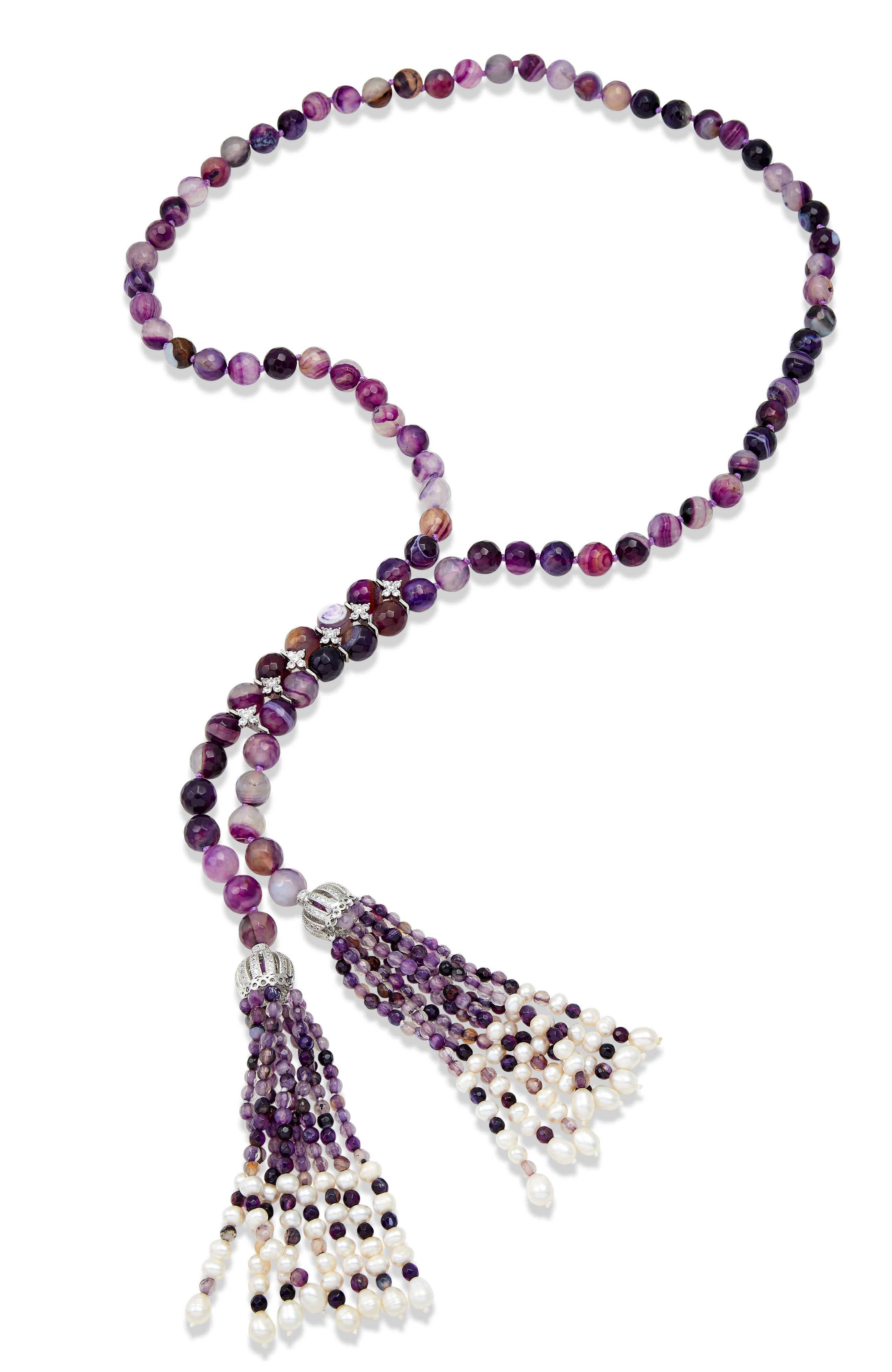 48" Green Agate And Cultured Pearl Tassel Necklace Embelished With Cz Stations