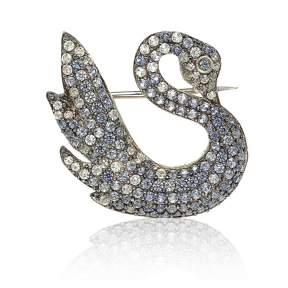 Suzy Levian Sterling Silver Blue and White Sapphire Swan Brooche
