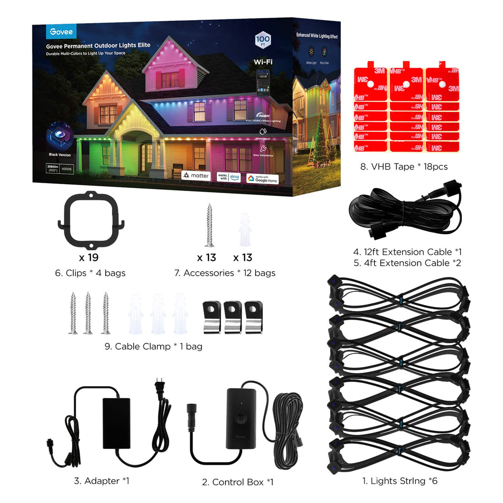 Govee - Wi-Fi RGBIC Outdoor Permanent String Lights 100ft - Black