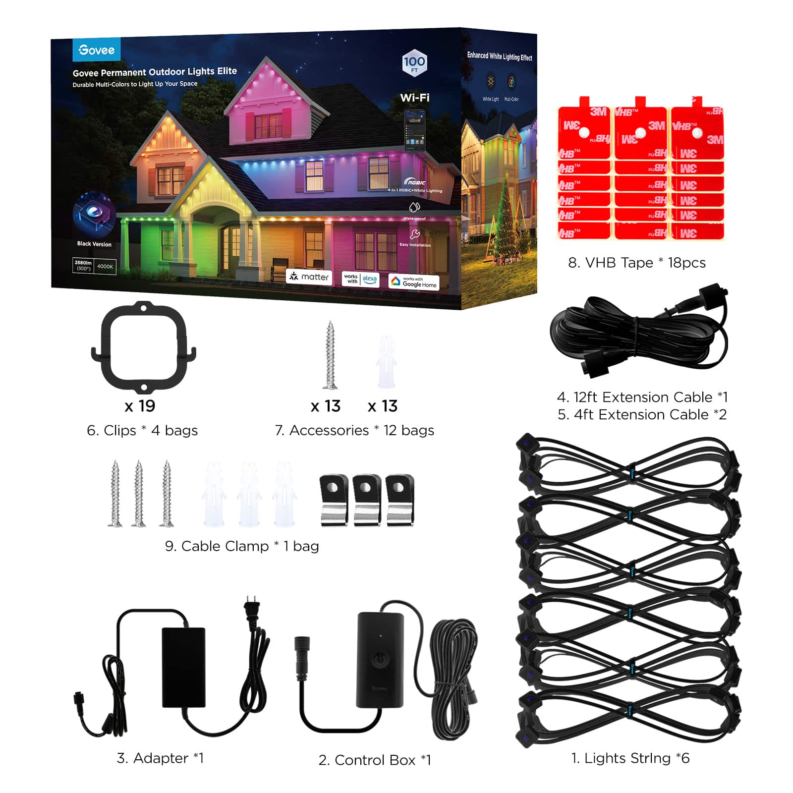 Govee - Wi-Fi RGBIC Outdoor Permanent String Lights 100ft - Black